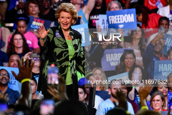 U.S. Senator Debbie Stabenow (D-MI) speaks during a presidential campaign rally for Kamala Harris at The Huntington Place in Detroit, MI, on...