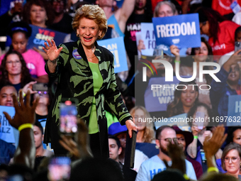 U.S. Senator Debbie Stabenow (D-MI) speaks during a presidential campaign rally for Kamala Harris at The Huntington Place in Detroit, MI, on...