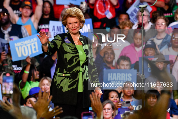 U.S. Senator Debbie Stabenow (D-MI) speaks during a presidential campaign rally for Kamala Harris at The Huntington Place in Detroit, MI, on...