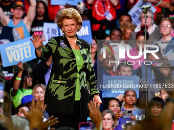 U.S. Senator Debbie Stabenow (D-MI) speaks during a presidential campaign rally for Kamala Harris at The Huntington Place in Detroit, MI, on...