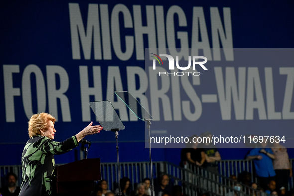 U.S. Senator Debbie Stabenow (D-MI) speaks during a presidential campaign rally for Kamala Harris at The Huntington Place in Detroit, MI, on...