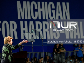 U.S. Senator Debbie Stabenow (D-MI) speaks during a presidential campaign rally for Kamala Harris at The Huntington Place in Detroit, MI, on...