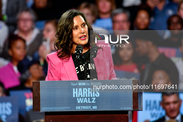 Michigan Governor Gretchen Whitmer speaks during a presidential campaign rally for Kamala Harris at The Huntington Place in Detroit, MI, on...