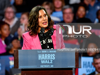 Michigan Governor Gretchen Whitmer speaks during a presidential campaign rally for Kamala Harris at The Huntington Place in Detroit, MI, on...