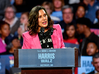 Michigan Governor Gretchen Whitmer speaks during a presidential campaign rally for Kamala Harris at The Huntington Place in Detroit, MI, on...