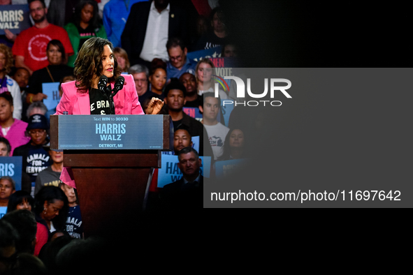 Michigan Governor Gretchen Whitmer speaks during a presidential campaign rally for Kamala Harris at The Huntington Place in Detroit, MI, on...