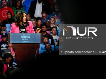 Michigan Governor Gretchen Whitmer speaks during a presidential campaign rally for Kamala Harris at The Huntington Place in Detroit, MI, on...