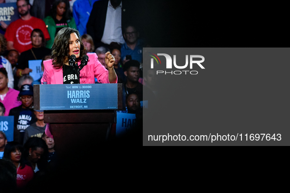 Michigan Governor Gretchen Whitmer speaks during a presidential campaign rally for Kamala Harris at The Huntington Place in Detroit, MI, on...