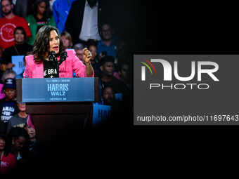 Michigan Governor Gretchen Whitmer speaks during a presidential campaign rally for Kamala Harris at The Huntington Place in Detroit, MI, on...