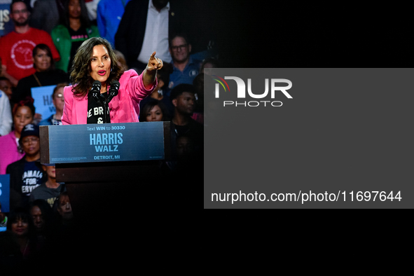 Michigan Governor Gretchen Whitmer speaks during a presidential campaign rally for Kamala Harris at The Huntington Place in Detroit, MI, on...