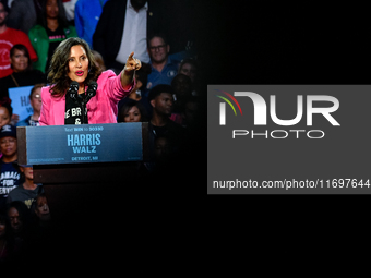 Michigan Governor Gretchen Whitmer speaks during a presidential campaign rally for Kamala Harris at The Huntington Place in Detroit, MI, on...