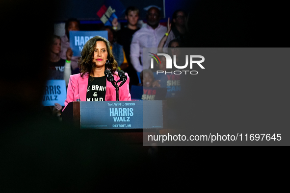 Michigan Governor Gretchen Whitmer speaks during a presidential campaign rally for Kamala Harris at The Huntington Place in Detroit, MI, on...