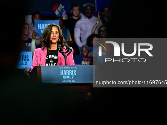 Michigan Governor Gretchen Whitmer speaks during a presidential campaign rally for Kamala Harris at The Huntington Place in Detroit, MI, on...