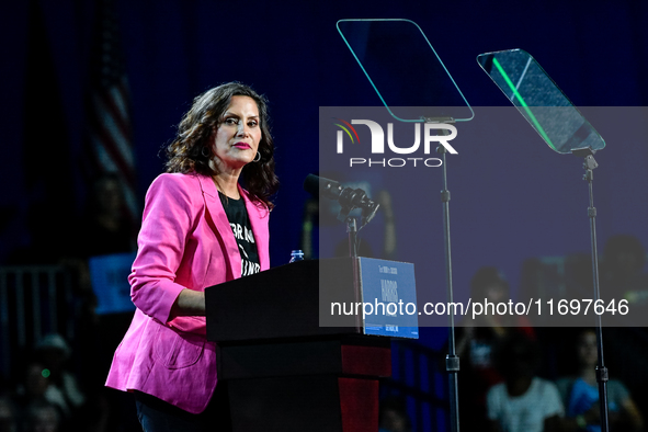 Michigan Governor Gretchen Whitmer speaks during a presidential campaign rally for Kamala Harris at The Huntington Place in Detroit, MI, on...