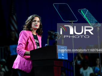 Michigan Governor Gretchen Whitmer speaks during a presidential campaign rally for Kamala Harris at The Huntington Place in Detroit, MI, on...