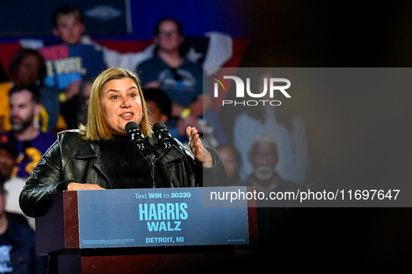 Candidate for U.S. Senator Elissa Slotkin (D-MI) speaks during a presidential campaign rally for Kamala Harris at The Huntington Place in De...