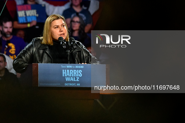 Candidate for U.S. Senator Elissa Slotkin (D-MI) speaks during a presidential campaign rally for Kamala Harris at The Huntington Place in De...