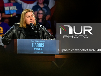 Candidate for U.S. Senator Elissa Slotkin (D-MI) speaks during a presidential campaign rally for Kamala Harris at The Huntington Place in De...