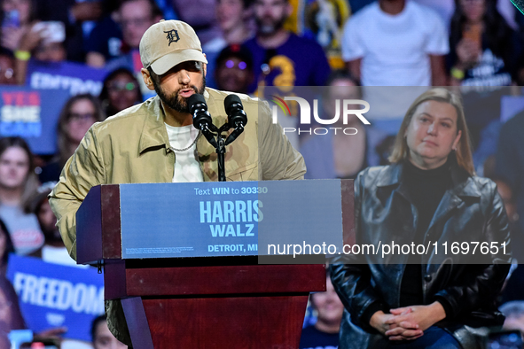 Eminem voices his support for Kamala Harris for President before introducing keynote speaker and former President Barack Obama at a presiden...