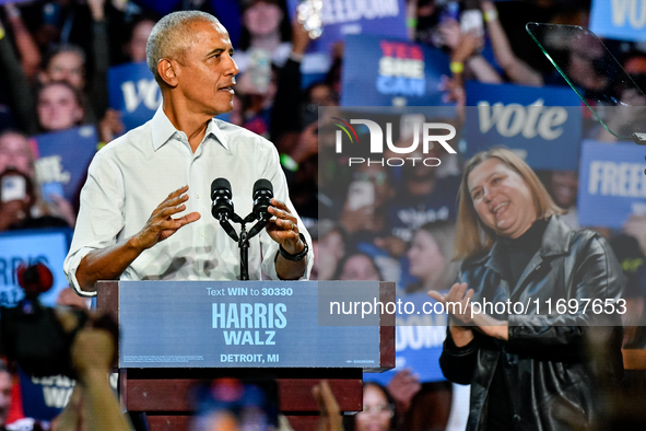 Former President Barack Obama holds a presidential campaign rally for Kamala Harris at The Huntington Place in Detroit, MI, on October 22, 2...