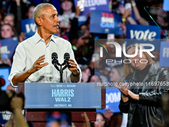 Former President Barack Obama holds a presidential campaign rally for Kamala Harris at The Huntington Place in Detroit, MI, on October 22, 2...