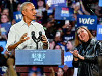 Former President Barack Obama holds a presidential campaign rally for Kamala Harris at The Huntington Place in Detroit, MI, on October 22, 2...