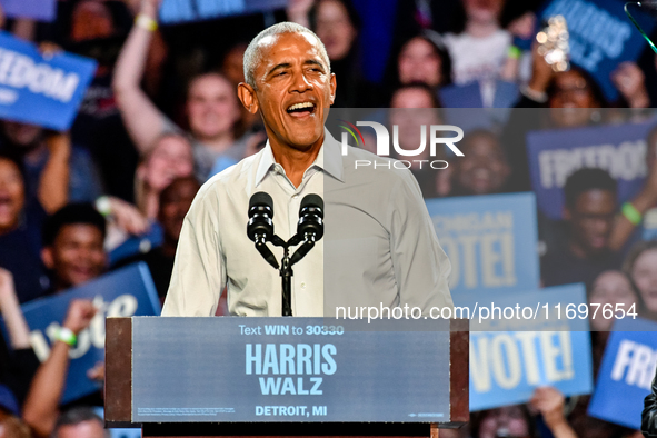 Former President Barack Obama holds a presidential campaign rally for Kamala Harris at The Huntington Place in Detroit, MI, on October 22, 2...