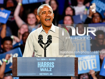 Former President Barack Obama holds a presidential campaign rally for Kamala Harris at The Huntington Place in Detroit, MI, on October 22, 2...