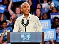 Former President Barack Obama holds a presidential campaign rally for Kamala Harris at The Huntington Place in Detroit, MI, on October 22, 2...