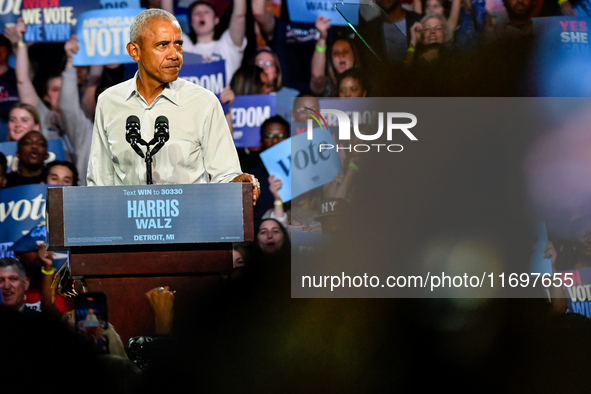 Former President Barack Obama holds a presidential campaign rally for Kamala Harris at The Huntington Place in Detroit, MI, on October 22, 2...