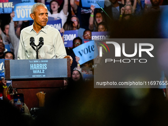 Former President Barack Obama holds a presidential campaign rally for Kamala Harris at The Huntington Place in Detroit, MI, on October 22, 2...