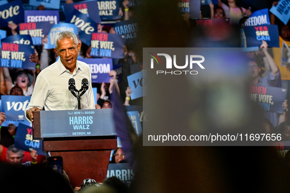 Former President Barack Obama holds a presidential campaign rally for Kamala Harris at The Huntington Place in Detroit, MI, on October 22, 2...