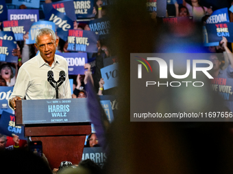 Former President Barack Obama holds a presidential campaign rally for Kamala Harris at The Huntington Place in Detroit, MI, on October 22, 2...