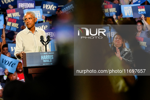 Former President Barack Obama holds a presidential campaign rally for Kamala Harris at The Huntington Place in Detroit, MI, on October 22, 2...