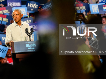 Former President Barack Obama holds a presidential campaign rally for Kamala Harris at The Huntington Place in Detroit, MI, on October 22, 2...