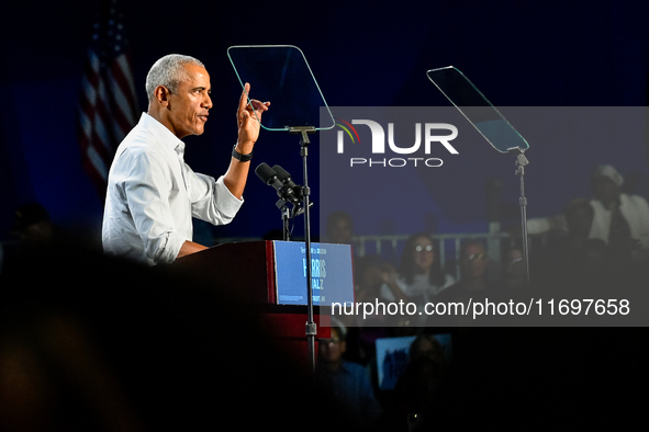 Former President Barack Obama holds a presidential campaign rally for Kamala Harris at The Huntington Place in Detroit, MI, on October 22, 2...