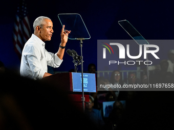 Former President Barack Obama holds a presidential campaign rally for Kamala Harris at The Huntington Place in Detroit, MI, on October 22, 2...