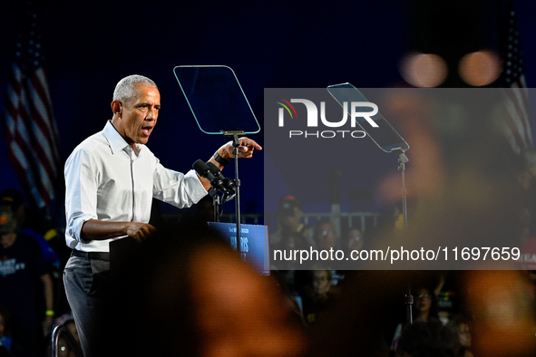 Former President Barack Obama holds a presidential campaign rally for Kamala Harris at The Huntington Place in Detroit, MI, on October 22, 2...