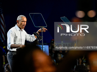 Former President Barack Obama holds a presidential campaign rally for Kamala Harris at The Huntington Place in Detroit, MI, on October 22, 2...