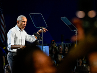 Former President Barack Obama holds a presidential campaign rally for Kamala Harris at The Huntington Place in Detroit, MI, on October 22, 2...