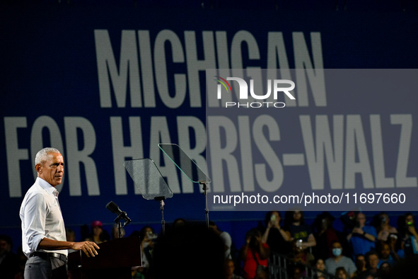 Former President Barack Obama holds a presidential campaign rally for Kamala Harris at The Huntington Place in Detroit, MI, on October 22, 2...