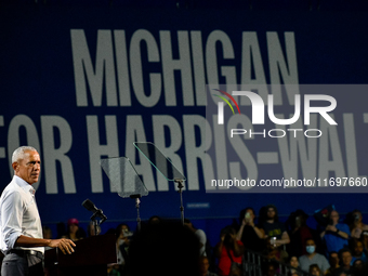 Former President Barack Obama holds a presidential campaign rally for Kamala Harris at The Huntington Place in Detroit, MI, on October 22, 2...