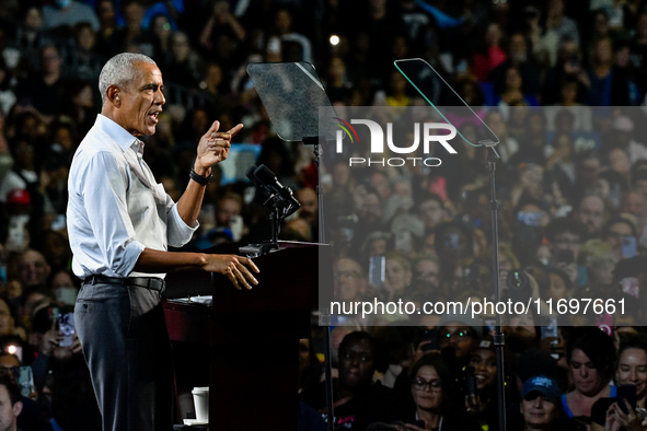 Former President Barack Obama holds a presidential campaign rally for Kamala Harris at The Huntington Place in Detroit, MI, on October 22, 2...