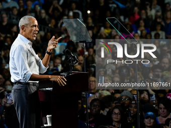 Former President Barack Obama holds a presidential campaign rally for Kamala Harris at The Huntington Place in Detroit, MI, on October 22, 2...