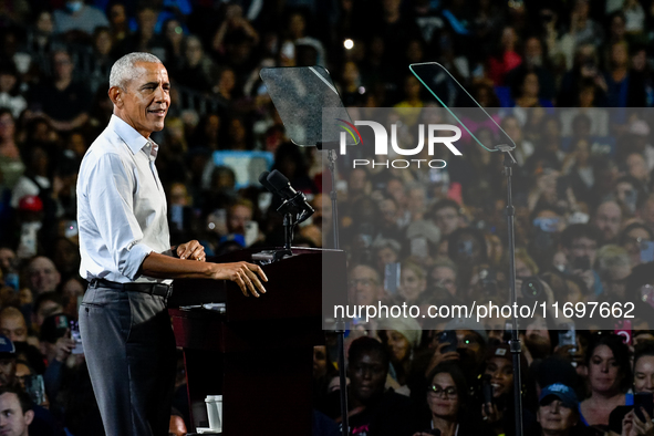 Former President Barack Obama holds a presidential campaign rally for Kamala Harris at The Huntington Place in Detroit, MI, on October 22, 2...