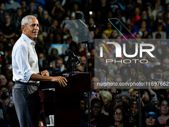 Former President Barack Obama holds a presidential campaign rally for Kamala Harris at The Huntington Place in Detroit, MI, on October 22, 2...