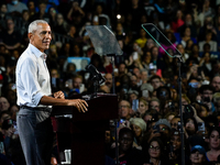 Former President Barack Obama holds a presidential campaign rally for Kamala Harris at The Huntington Place in Detroit, MI, on October 22, 2...