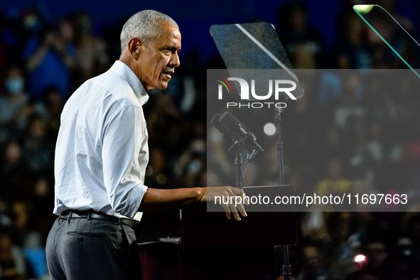 Former President Barack Obama holds a presidential campaign rally for Kamala Harris at The Huntington Place in Detroit, MI, on October 22, 2...