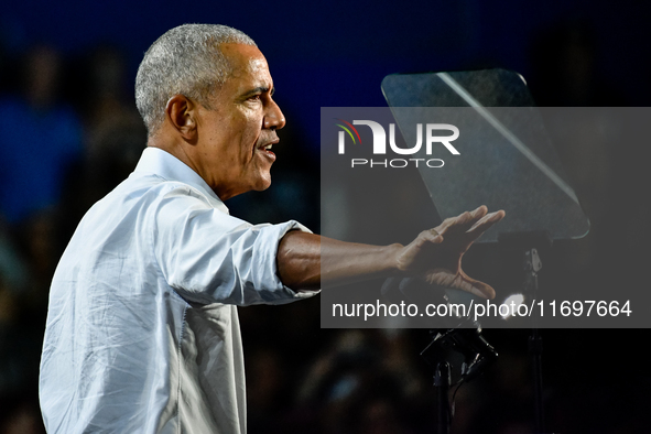 Former President Barack Obama holds a presidential campaign rally for Kamala Harris at The Huntington Place in Detroit, MI, on October 22, 2...