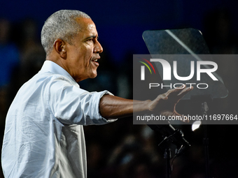 Former President Barack Obama holds a presidential campaign rally for Kamala Harris at The Huntington Place in Detroit, MI, on October 22, 2...